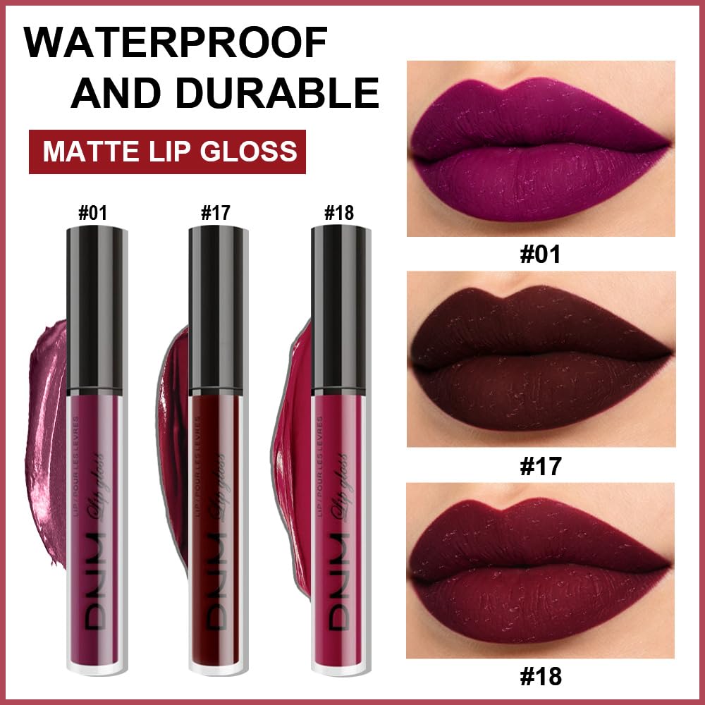 Evpct 3Pcs Dark Red Purple Plum Matte Liquid Lipstick Sets For Women Matte Lip Stain Long Lasting Waterproof, Burgundy Blood Blue Red Lipstick, Black Cherry Maroon Gothic 24 Hours Magic Lipsticks