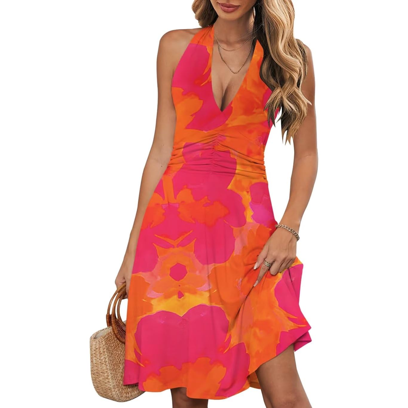 Wkior Womens Sundress Summer Beach Vacation Sleeveless Halter Neck A-Line 2026 Boho Floral Midi Dress With Pockets