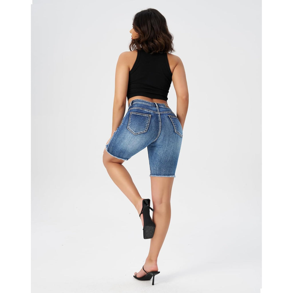 Women's High Waisted Stretchy Denim Bermuda Shorts Ripped Casual Summer Jean Shorts