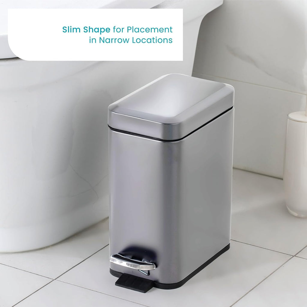 Home Zone Living 1.3 Gallon Stainless Steel Small Trash Can With A Lid | Stainless Steel With Slim Fit Design, Soft-Close Lid For Offices, Bathrooms, Bedrooms And Dorms, Silver