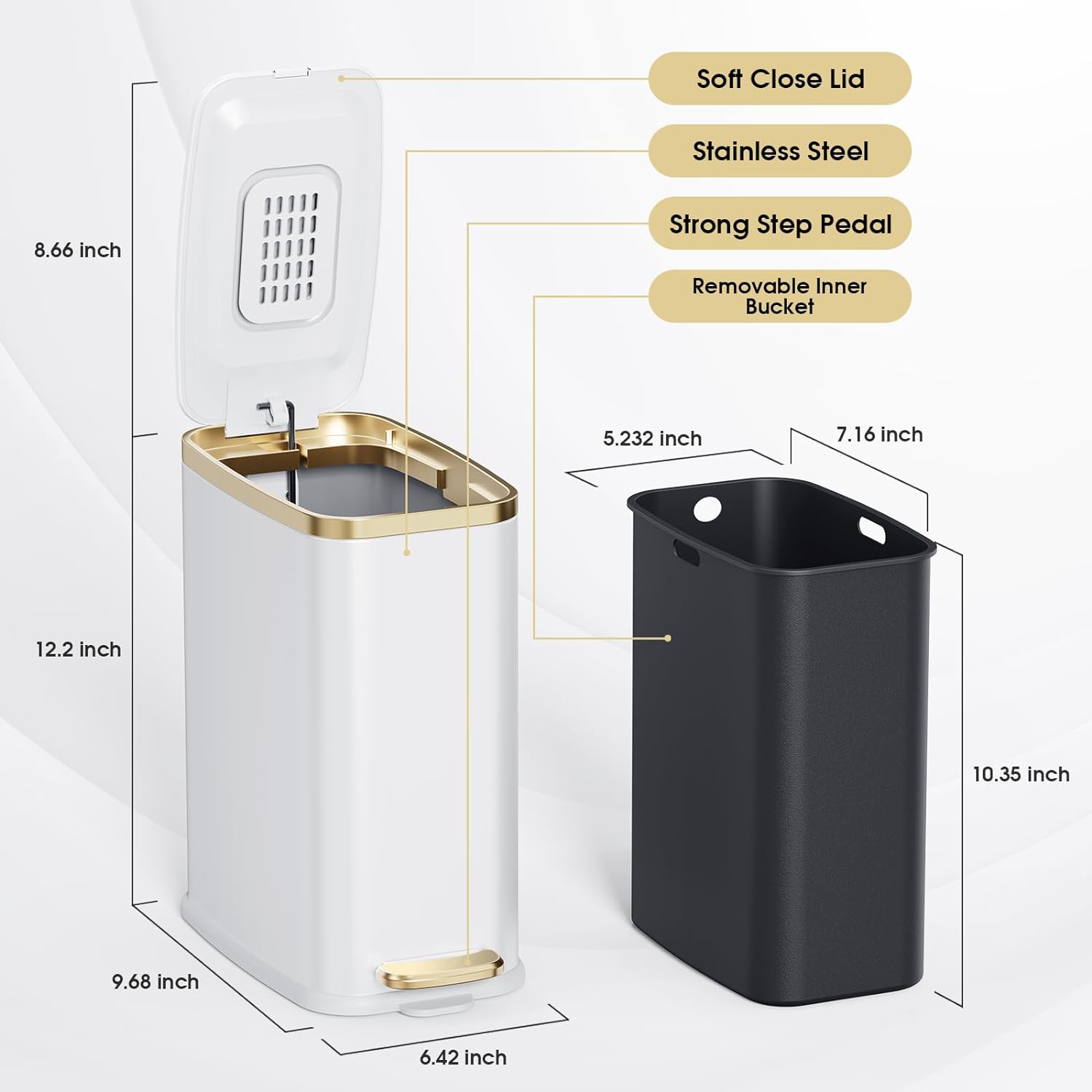 CEROELDA Small Bathroom Trash Can with Lid Soft Close-5L/1.3 Gal Stainless Steel Garbage Can-Step Pedal Wastebasket Slim Trash Bin for Office, Bedroom, Toilet, Live Room-White