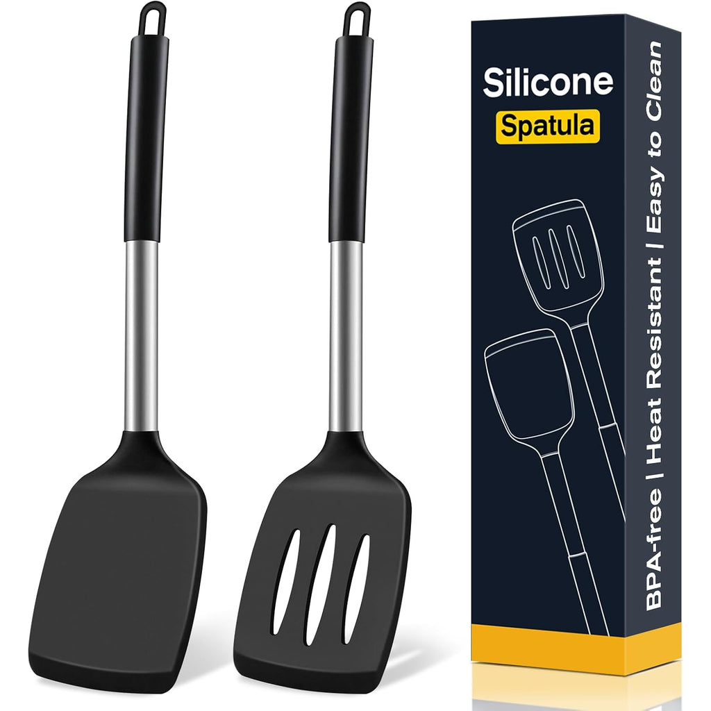 2 Pack Silicone Spatula Set, Solid & Slotted Turner For Non-Stick Pans, High Heat Resistant Silicone Spatula For Cooking, Bpa-Free Stainless Steel Cooking Utensils For Fish, Eggs, Pancakes, Black