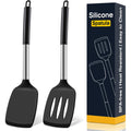 2 Pack Silicone Spatula Set, Solid & Slotted Turner For Non-Stick Pans, High Heat Resistant Silicone Spatula For Cooking, Bpa-Free Stainless Steel Cooking Utensils For Fish, Eggs, Pancakes, Black