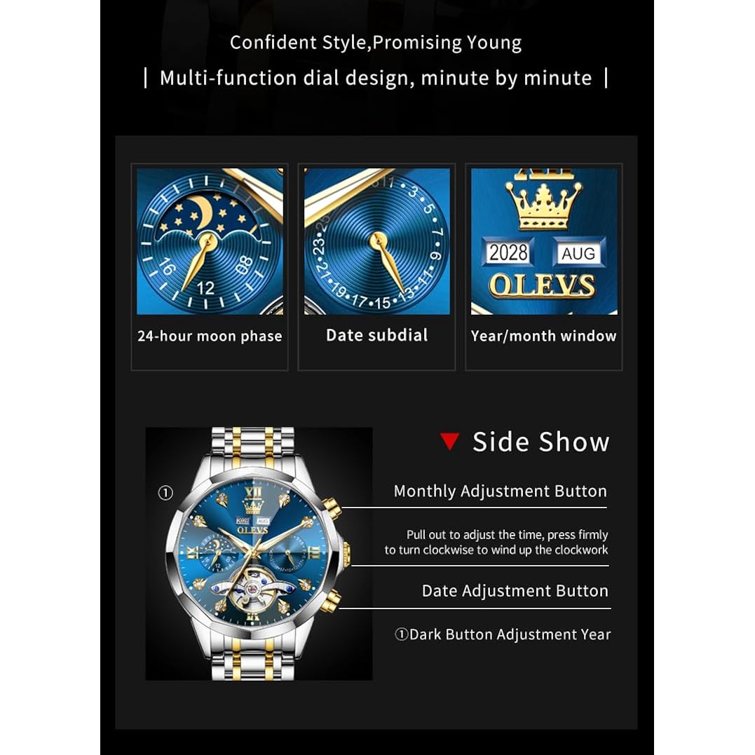 Olevs Skeleton Men Watches Automatic Business Luxury Diamond Self Winding Watch For Men Stainless Steel Calendar Wrist Watch