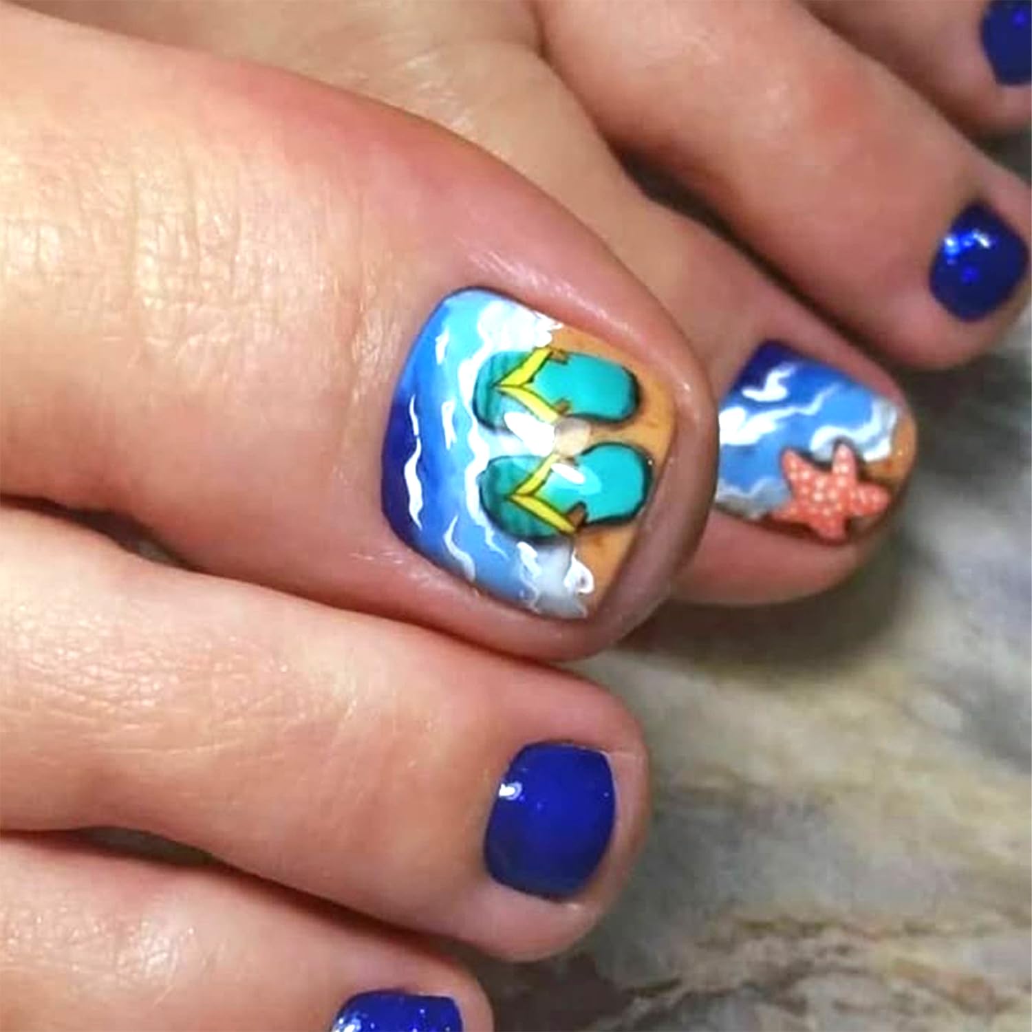 Summer Press on Toenails Short Square Blue False Toe Nails Cute Starfish Glue ons Toe Nail Sea Wave Glossy Acrylic Pressed on Fake Toenails Decorations Reusable for Women