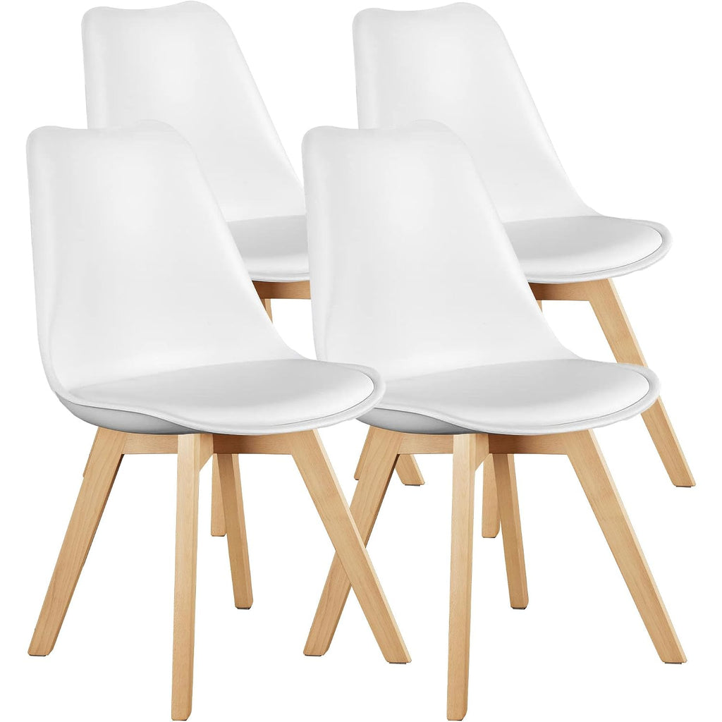 Olixis Dining Chairs Set Of 4, Mid Century Modern Accent Chairs With Curved Backrest And Wood Legs, Pu Leather Upholstered Kitchen Side Chair For Living Room, Bedroom, Outdoor Patio, White
