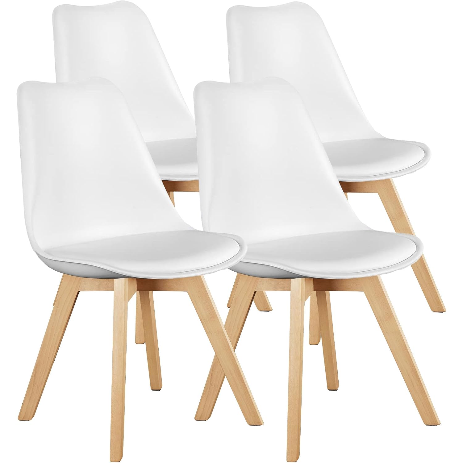 Olixis Dining Chairs Set Of 4, Mid Century Modern Accent Chairs With Curved Backrest And Wood Legs, Pu Leather Upholstered Kitchen Side Chair For Living Room, Bedroom, Outdoor Patio, White