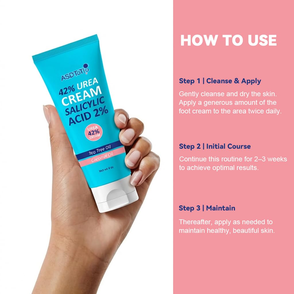 ASDToTio Urea Cream 42% - Foot Care for Dry Cracked Heels, Foot Lotion - With 2% Salicylic Acid, Tea Tree Oil, Shea Butter, Aloe Vera - For Feet, Hands, Heels, Elbows, Knees and More - 4 oz