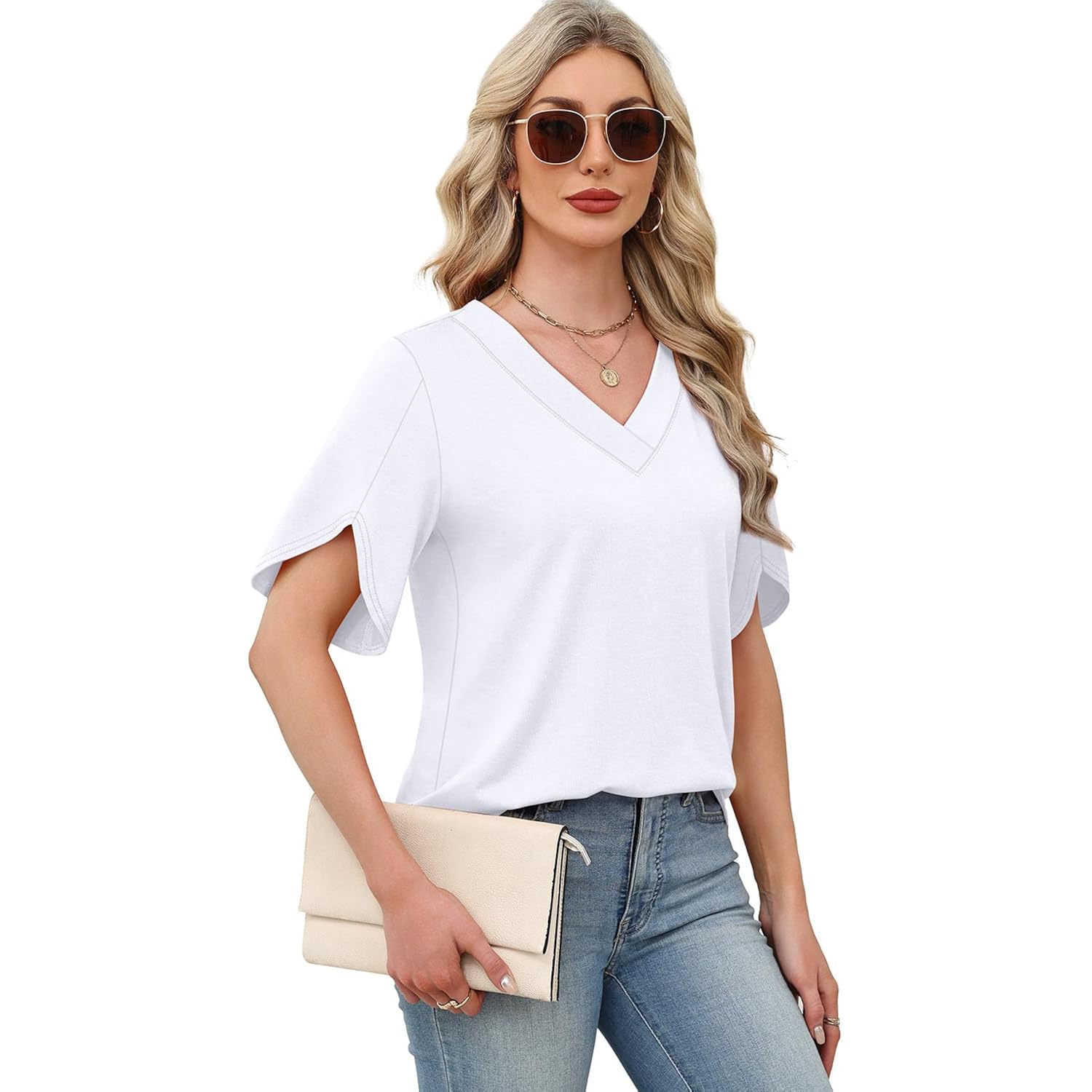 WIHOLL Womens Summer Tops Short Petal Sleeve Shirts Fashion V Neck Womens Clothing