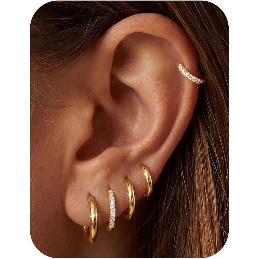 Tungary Small Gold Hoop Earrings for Women, Hypoallergenic Huggie Earrings for Sensitive Ears, Non Tarnish 14K Gold Plated Hoops for Sleeping/Daily, Cartilage Earring Stacks Set for Multiple Piercing