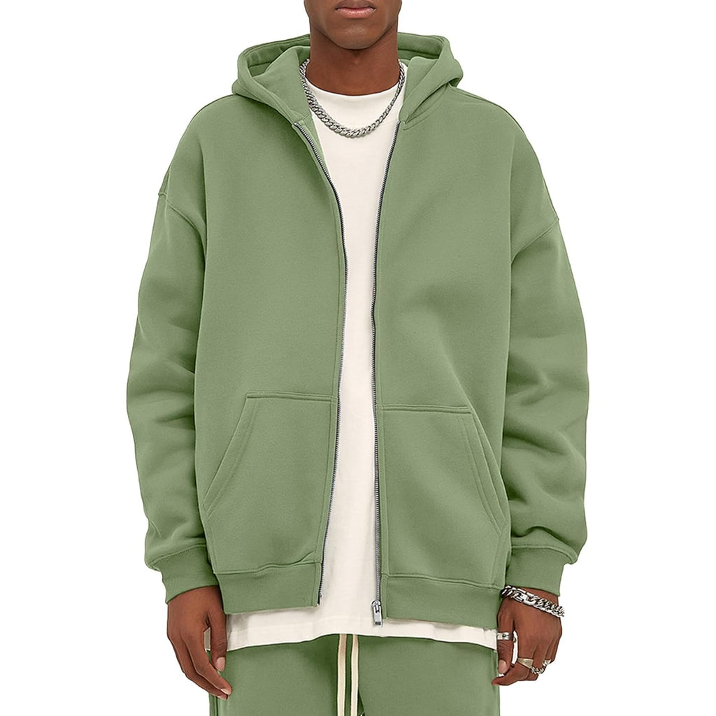 Flygo Mens Zip Up Hoodies Oversized Fleece Long Sleeve Drop Shoulder Hooded Sweatshirt Trendy Vintage Streetwear
