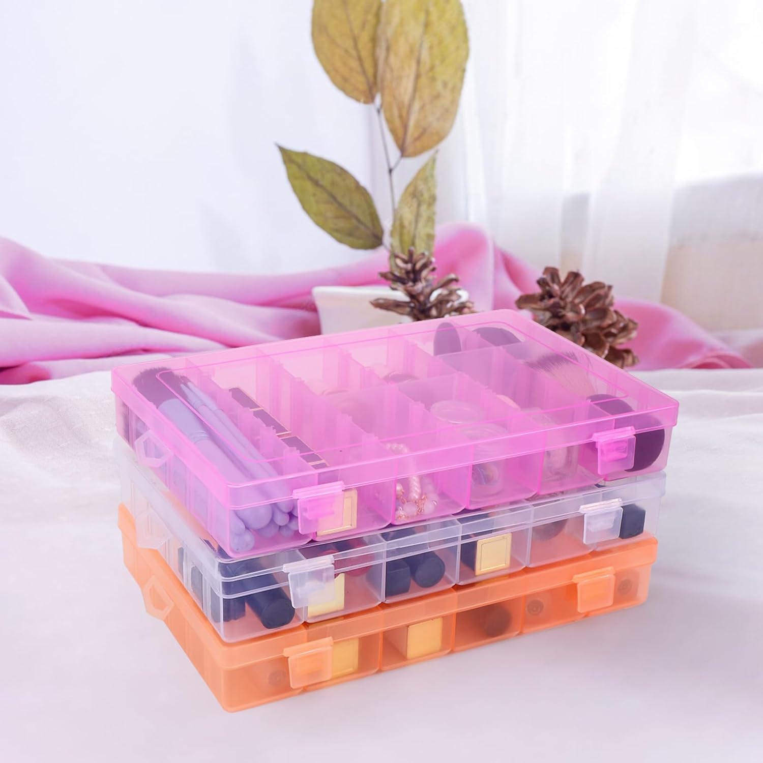 False Nail Container, Cosics Bright Pink 36-Gird Plastic Nail Art Organizers Storage Box with Adjustable Dividers, False Jewelry Diamonds Charms Nail 3D Decorations Manicure Accessory Holder Case