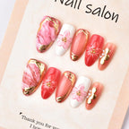 30Pcs Pink Press on Nails Medium Almond Fake Nails with Gold Beads Pearl Design Gold Floral Full Cover Acrylic Stick on Nail 3D Gradient Flower False Nails for Women Spring Summer Manicure Decoration