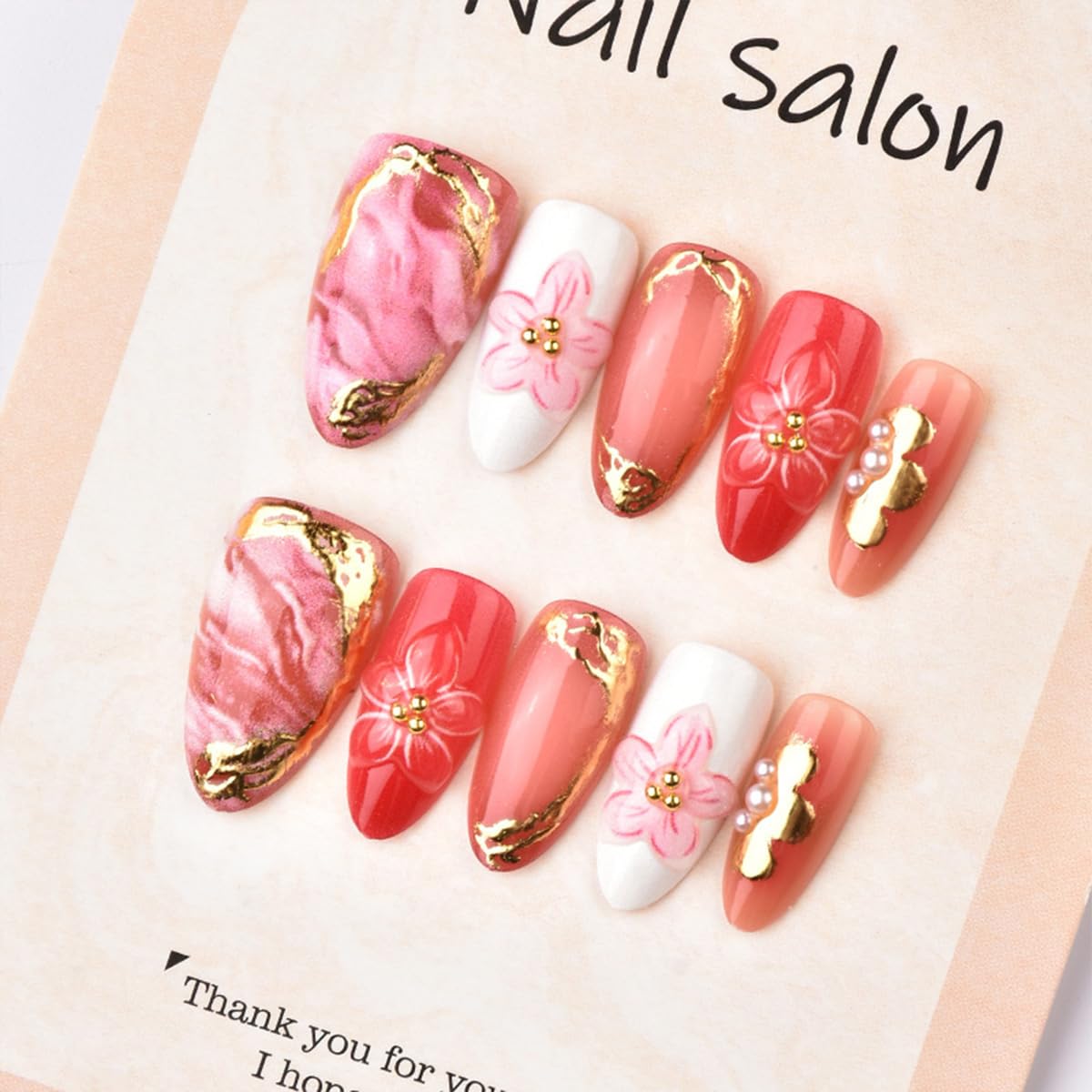 30Pcs Pink Press on Nails Medium Almond Fake Nails with Gold Beads Pearl Design Gold Floral Full Cover Acrylic Stick on Nail 3D Gradient Flower False Nails for Women Spring Summer Manicure Decoration