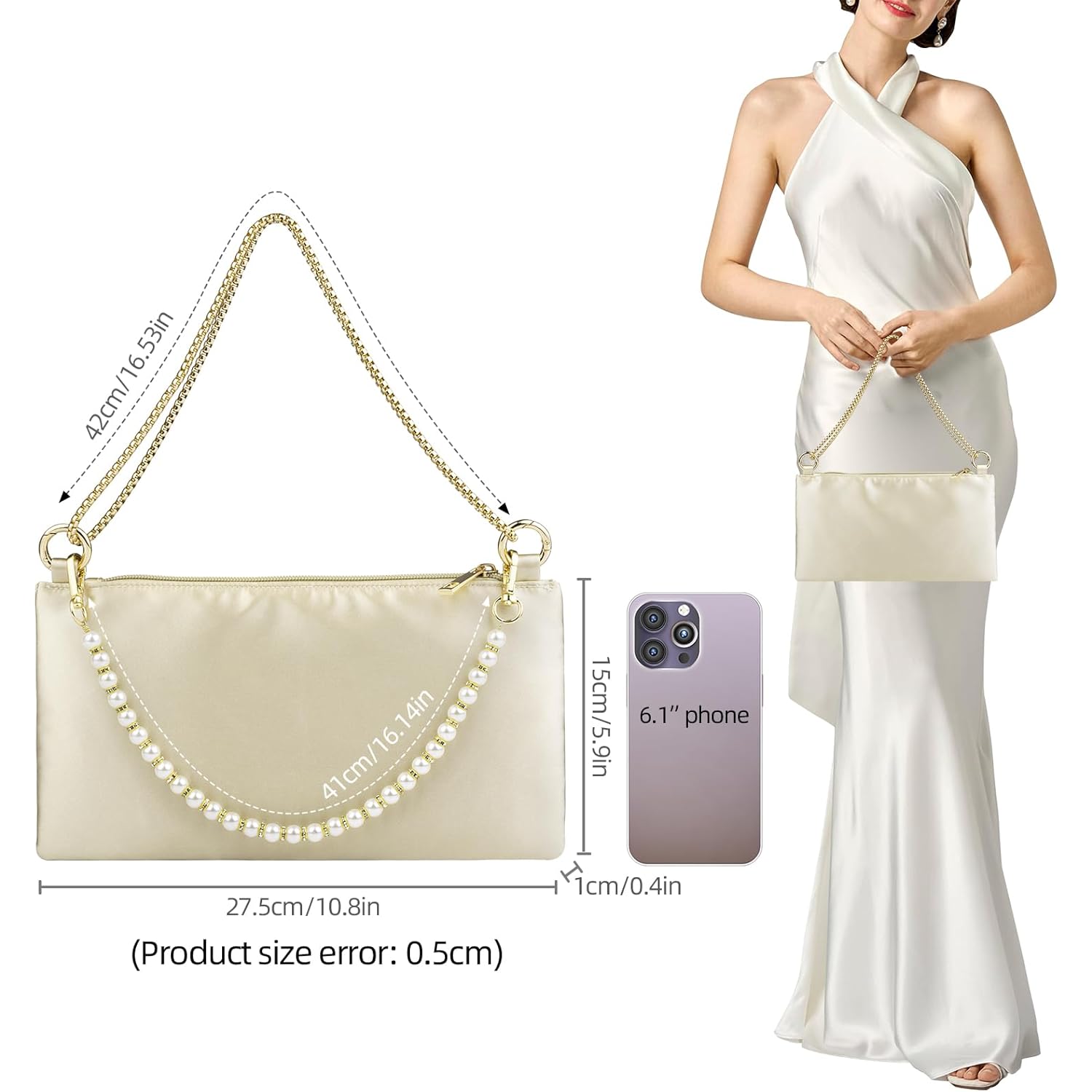MGBPEI Women Satin Evening Handbag Wedding Prom Clutch Purse Formal Cocktail Party Clutches Shoulder Bag with 2 Bag Chains