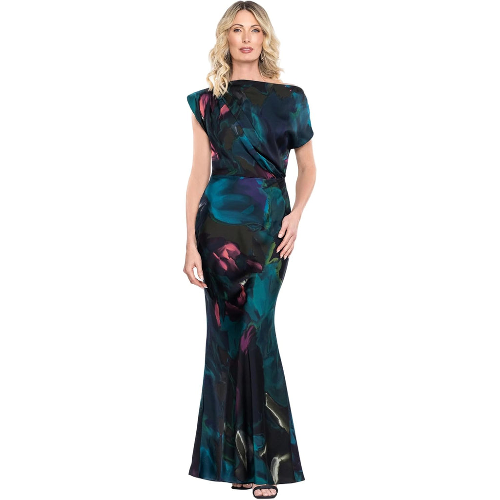 Betsy & Adam Women'S Long Satin Abstract Floral Print, Asymmetrical Neckline Evening Dress With Short Sleeve