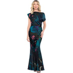 Betsy & Adam Women'S Long Satin Abstract Floral Print, Asymmetrical Neckline Evening Dress With Short Sleeve