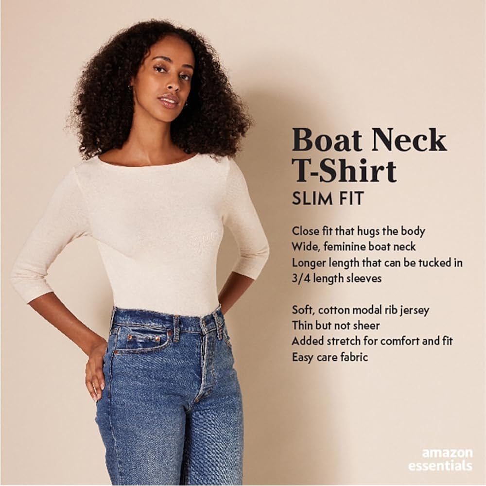 Women's Slim-Fit 3/4 Sleeve Boat Neck Cotton Modal Micro Rib T-Shirt