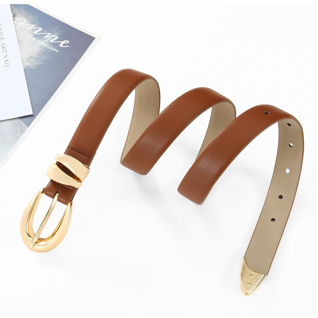 Belts for Women with Gold Buckle – Adjustable Black leather Belt for Jeans, Dress, Pants