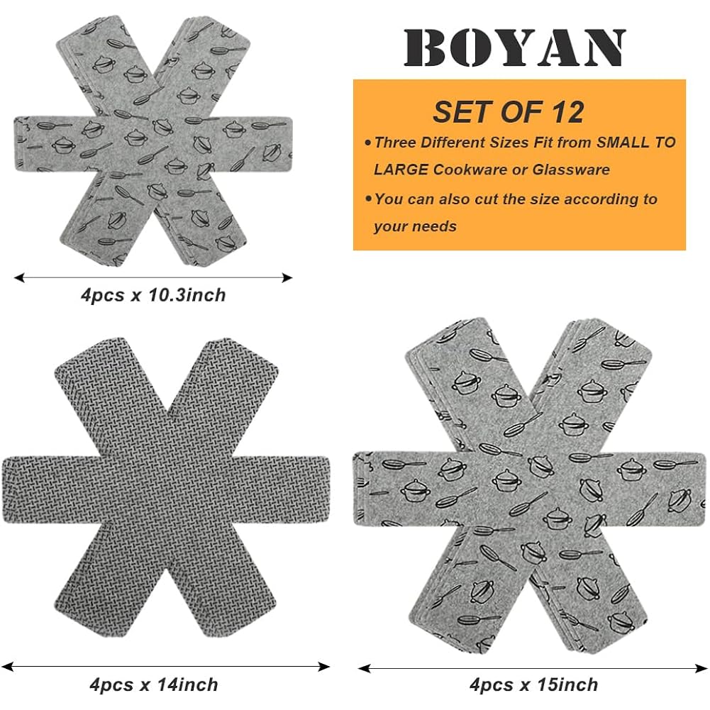BOYAN Pot and Pan Protectors, Set of 12 and 3 Different Size, Cookware Protector Set/Felt Pots and Pans Divider Separator Pads Anti-Slip to Avoid Scratching or Marring When Stacking