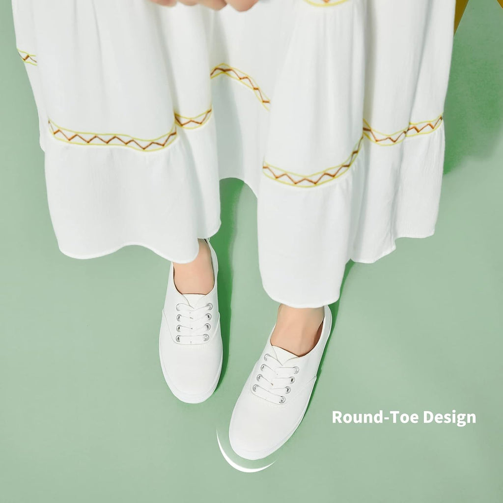 Tuopin Womens White Canvas Sneakers Low Top Lace-Up Canvas Shoes Lightweight Casual Tennis Shoes
