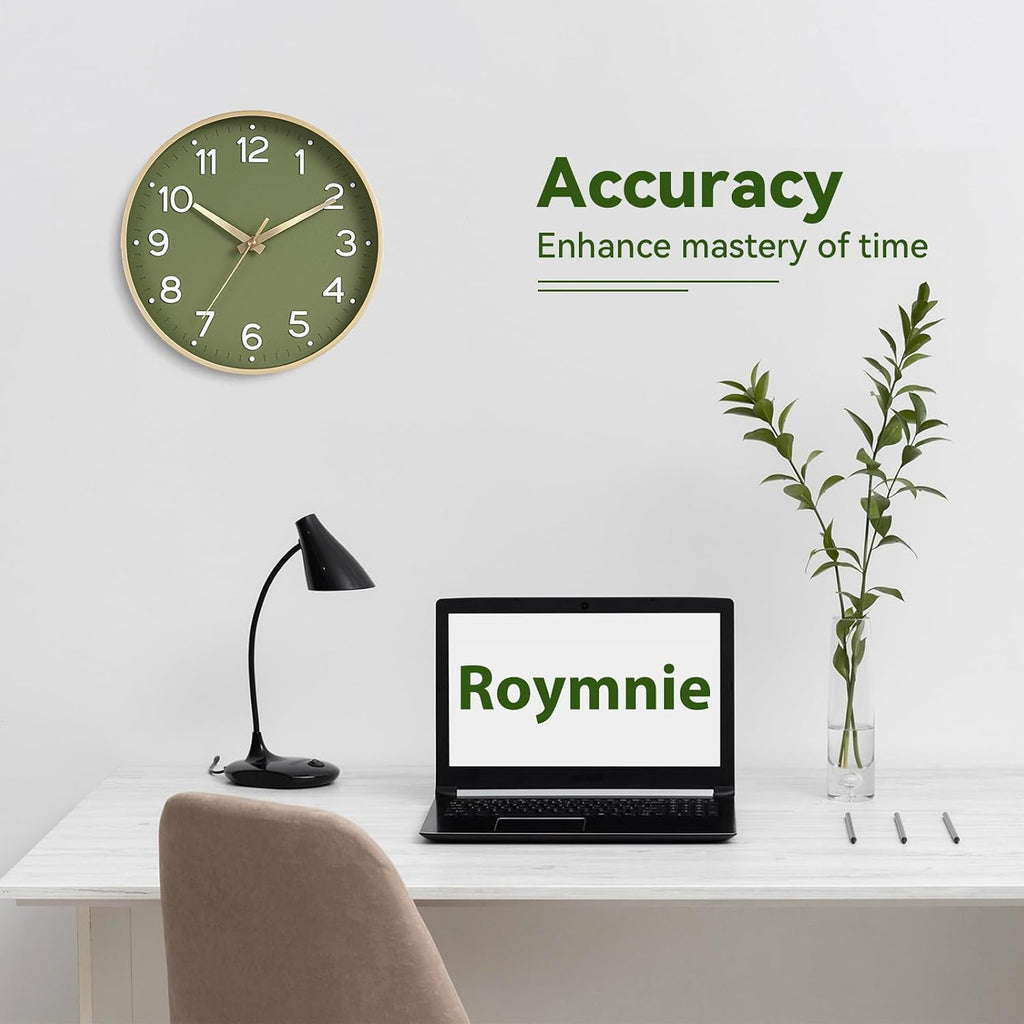 Roymnie Wall Clock 14 Inch Silent Green Wall Clocks Battery Operated- Modern Non Ticking Analog Clock Decorative For Living Room Bedroom Office Kitchen(Gold)