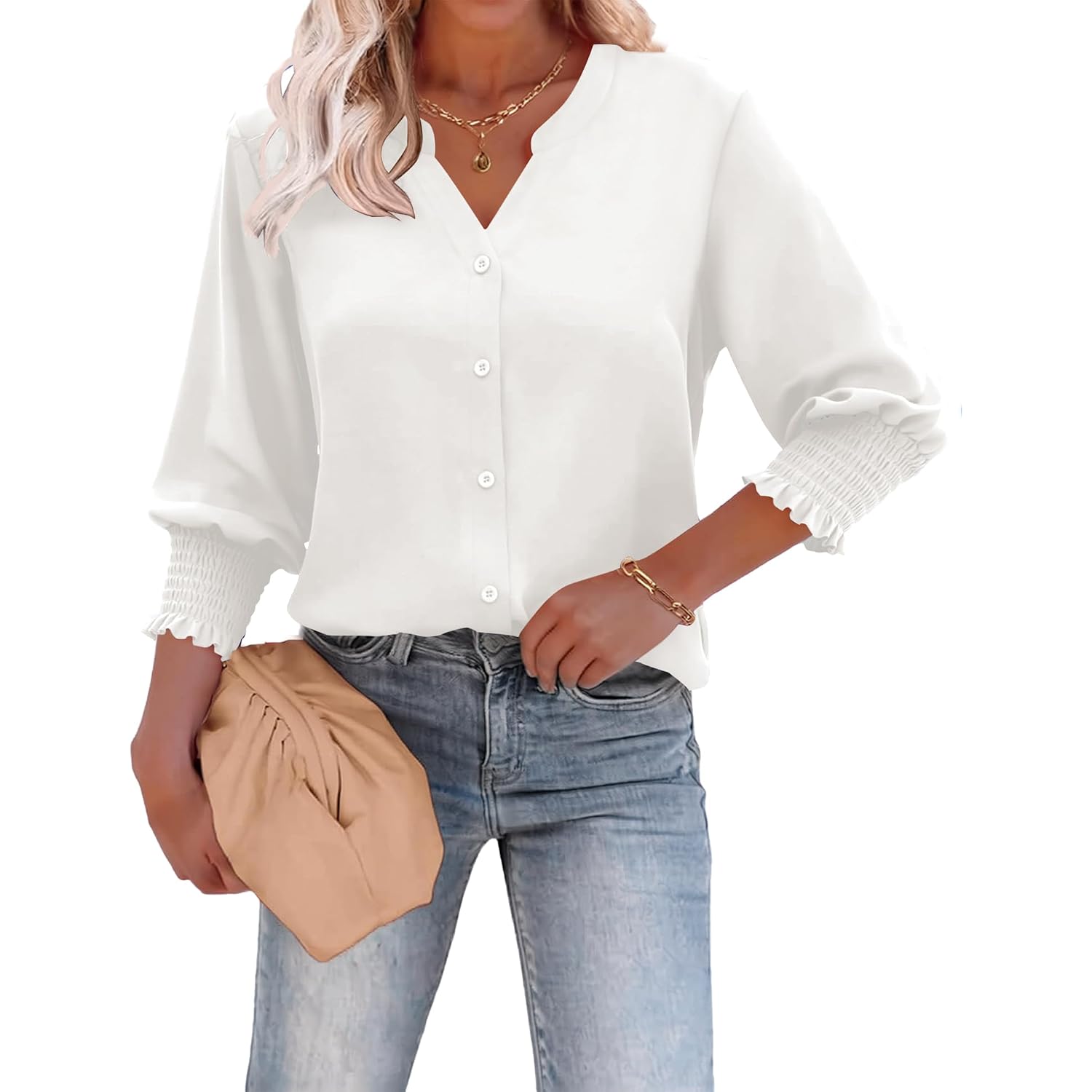 Lomon Button Down Shirts For Women 3/4 Length Sleeve Business Casual Blouses 2026 Summer Tops