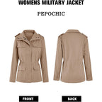 Womens Military Jacket Zip Up Snap Buttons Lightweight Utility Anorak Field Safari Coat Outwear