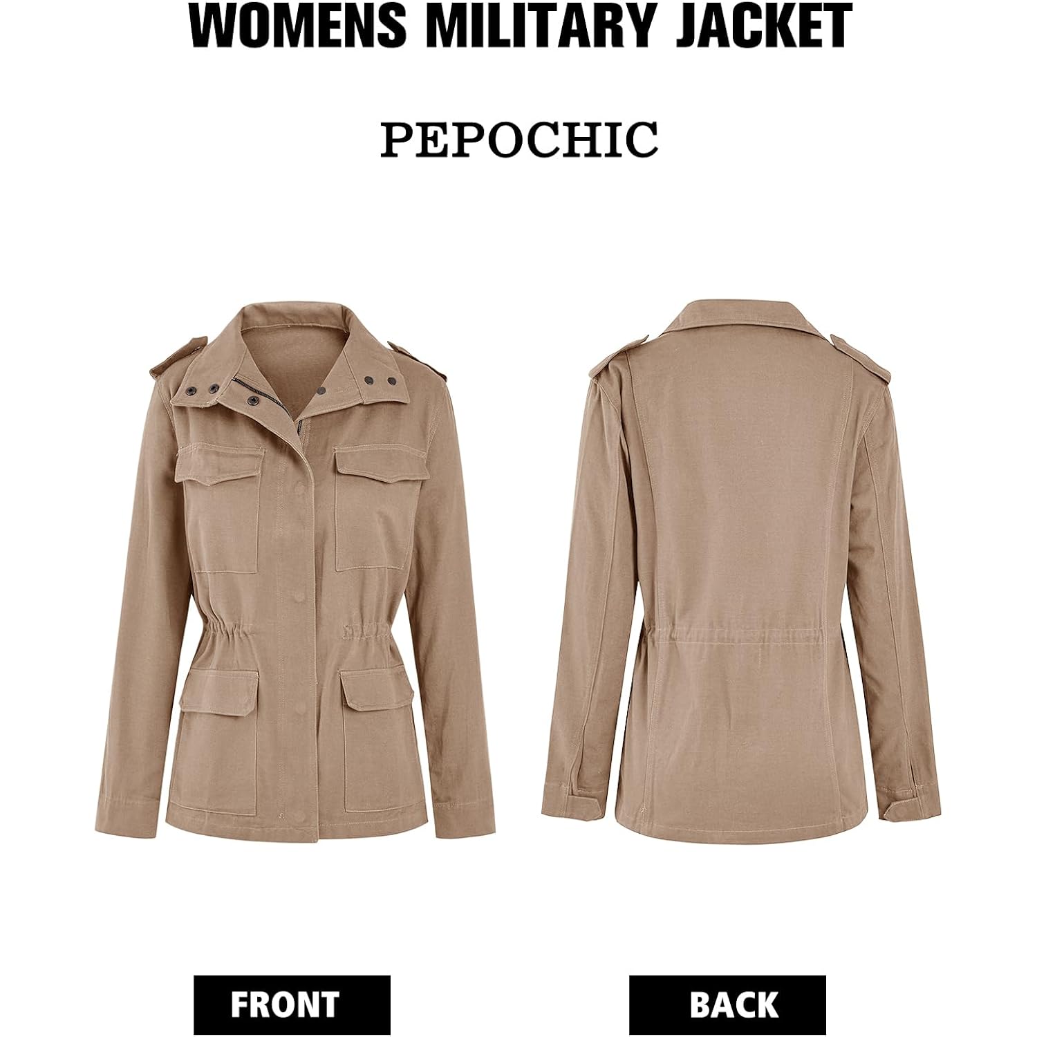 Womens Military Jacket Zip Up Snap Buttons Lightweight Utility Anorak Field Safari Coat Outwear
