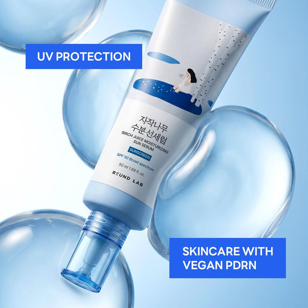 Round Lab Birch Juice Moisturizing Sun Serum Spf 50, Pdrn Hyaluronic Acid Serum, Airy Texture Sunscreen For Face, No White Cast, Fragrance Free, Protector Solar, Korean Skin Care, 1.69 Fl Oz