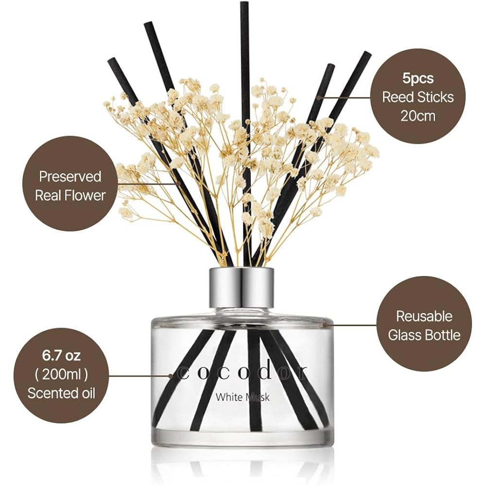 Cocodor Flower Reed Diffuser Set / 6.7Oz / White Jasmine/Scent Diffuser With Sticks Home Fragrance Reed Diffuser For Bathroom Shelf Decor