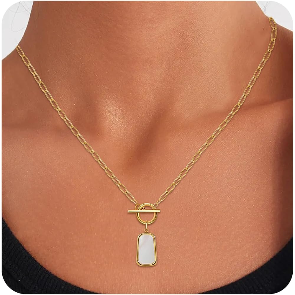 Natural White Sea Shell OT Clasp Long Plate Pendant Necklace For Women Trendy Elegant in Color and Luster Titanium Steel Electroplated with 18K Gold Necklace