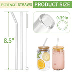 Piteno® 12Pcs Glass Straws With 4Pcs Brushes, Reusable Clear Glass Drinking Straws, 8.5''X10Mm, Set Of 6 Straight And 6 Bent With 4 Cleaning Brushes, Perfect For Smoothies, Milkshakes, Juice, Tea
