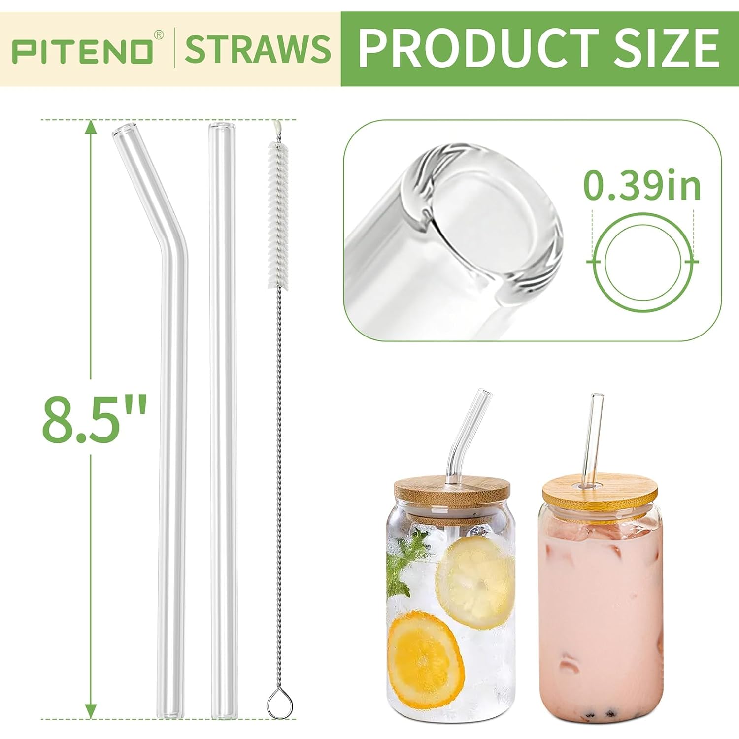 Piteno® 12Pcs Glass Straws With 4Pcs Brushes, Reusable Clear Glass Drinking Straws, 8.5''X10Mm, Set Of 6 Straight And 6 Bent With 4 Cleaning Brushes, Perfect For Smoothies, Milkshakes, Juice, Tea