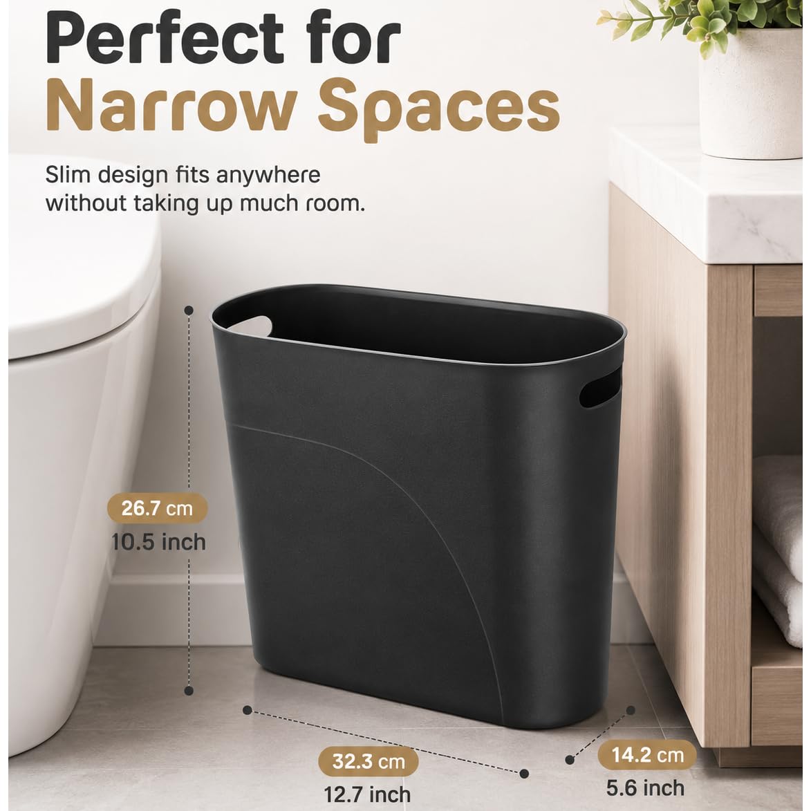 Royfacc Small Trash Can Plastic Bathroom Wastebasket 3.2 Gallon Slim Garbage Container Bin With Handle For Home Kitchen Bathroom Bedroom Office, 2 Pack (Black)
