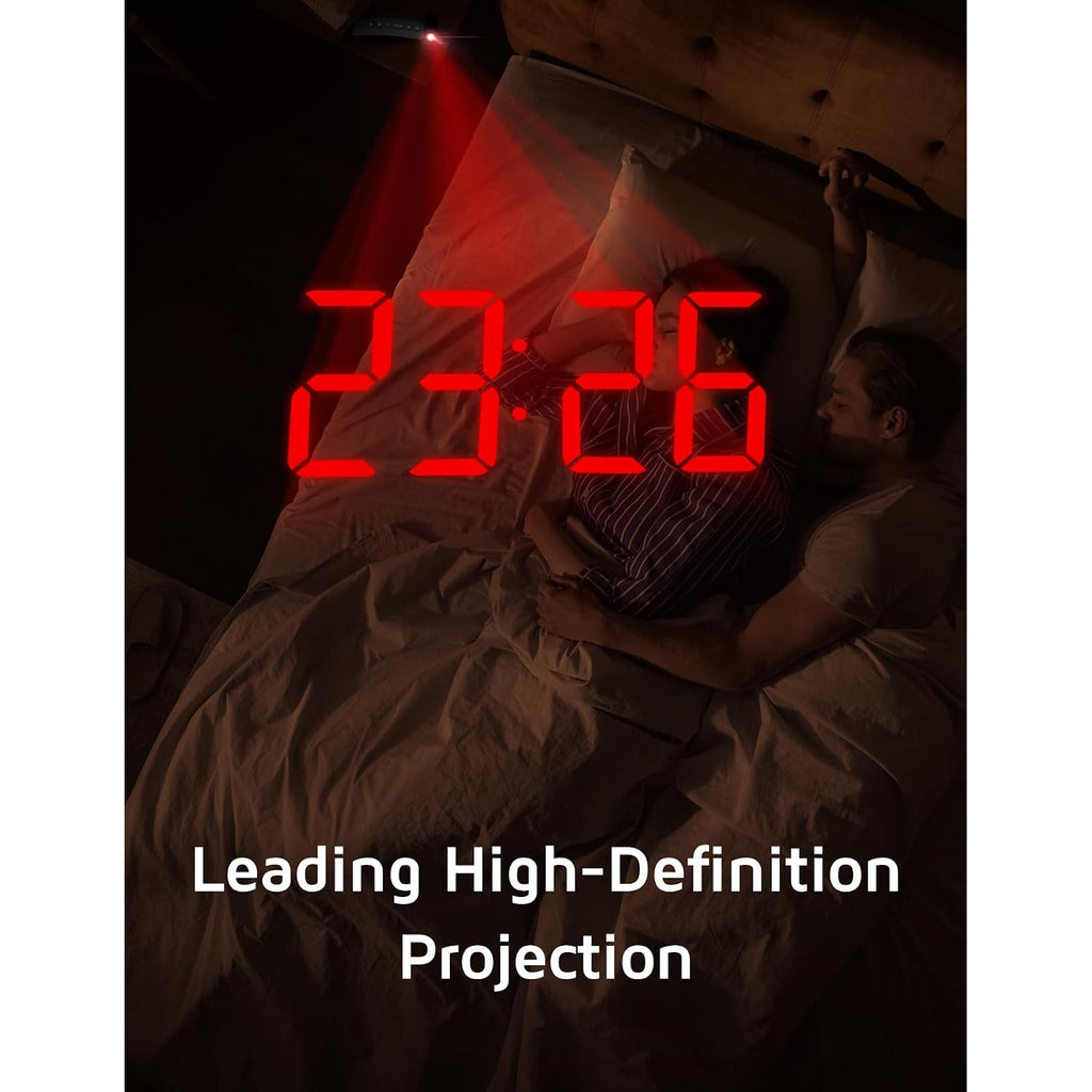 Projection Alarm Clock, Digital Clock With Modern Curved Design 180° Rotatable Projector, 3-Level Brightness Dimmer, Clear Red Led Display, Progressive Volume, 9Mins Snooze,12/24H, For Bedroom