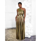 Aomei Women'S Luxury Metallic One Shoulder Sleeveless Elegant Pleated Long Dress