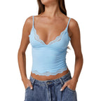 QINSEN Women's Double Layer Crop Cami V-Neck Lace Trim Tank Top with Adjustable Straps Delicate Overlay for Summer