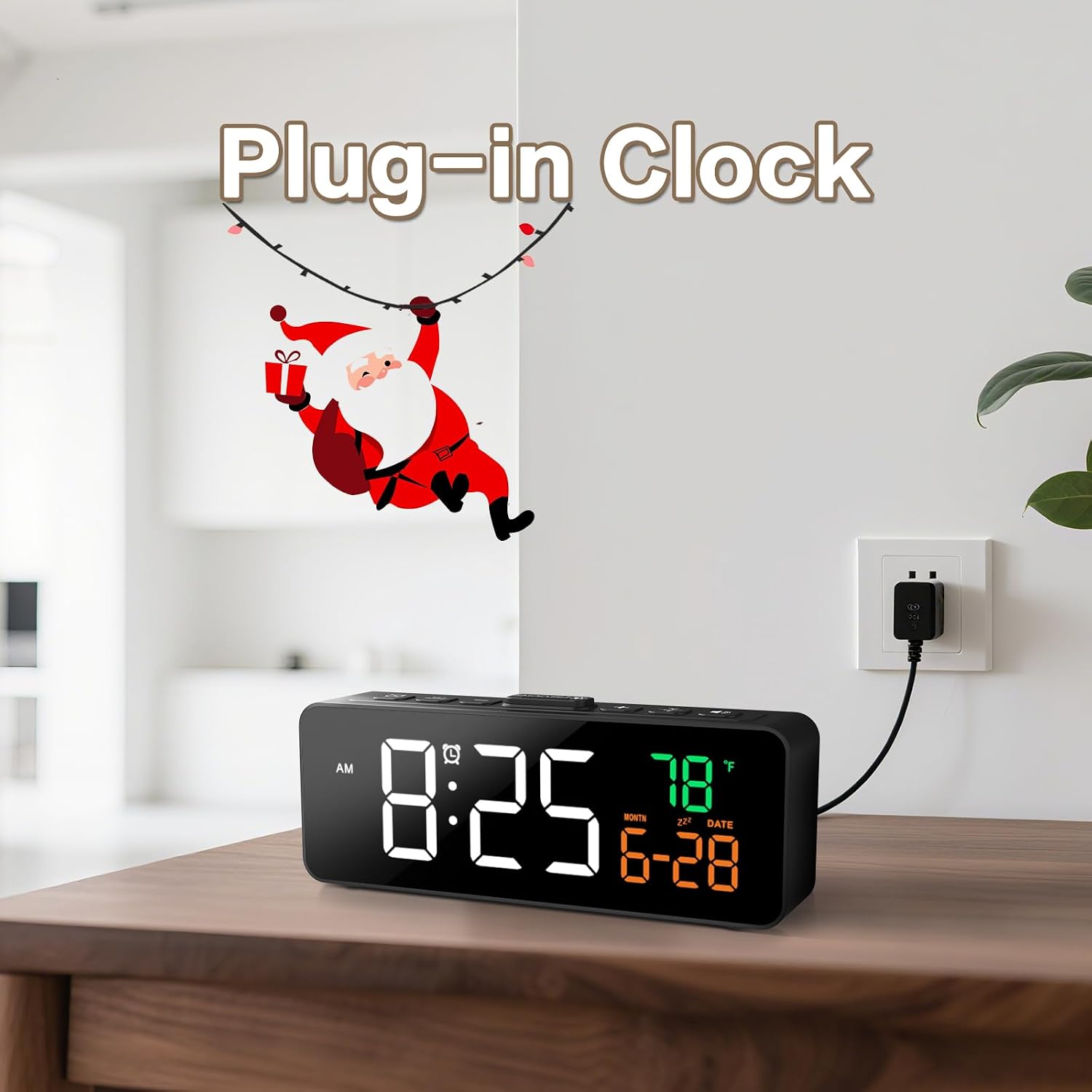 3-In-1 Digital Clocks For Living Room With Temperature, Date & Time Display - 4 Levels Birghtness, 3 Volumes, Small & Compact Plug-In Alarm Clock For Bedroom, Office (Black)