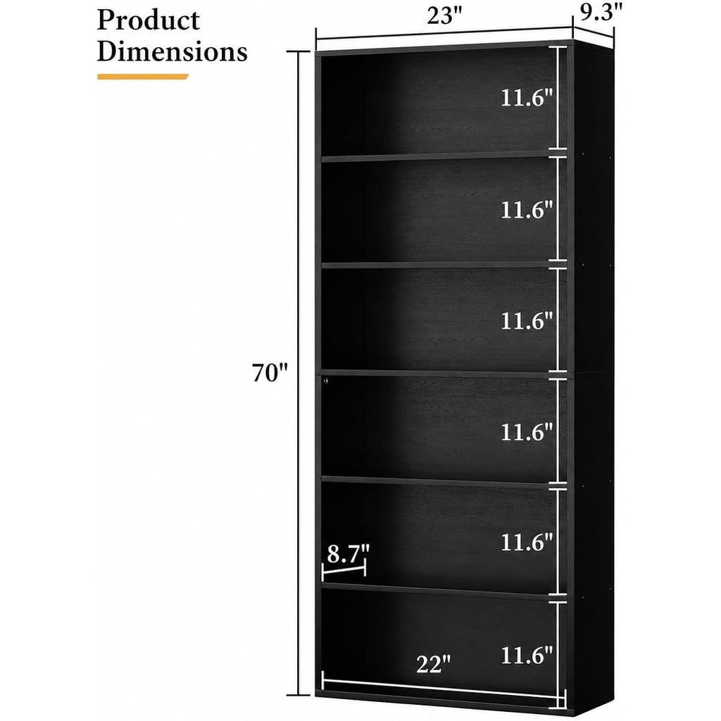 6-Tier Bookshelf, Modern Open Bookcase,6 Shelf Display Storage Shelves Floor Standing, 71 Inches Tall Shelves For Home Office, Black