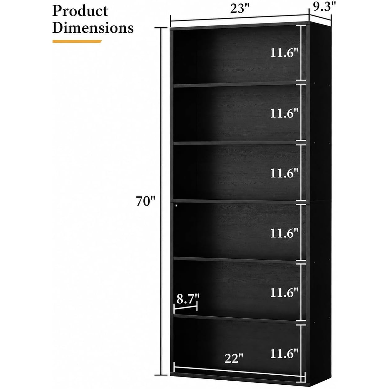 6-Tier Bookshelf, Modern Open Bookcase,6 Shelf Display Storage Shelves Floor Standing, 71 Inches Tall Shelves For Home Office, Black