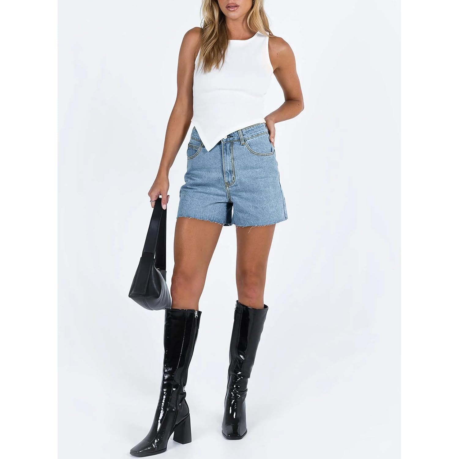 Womens Baggy Jean Shorts High Waisted Straight Leg Stretchy Raw Hem Mom Denim Shorts