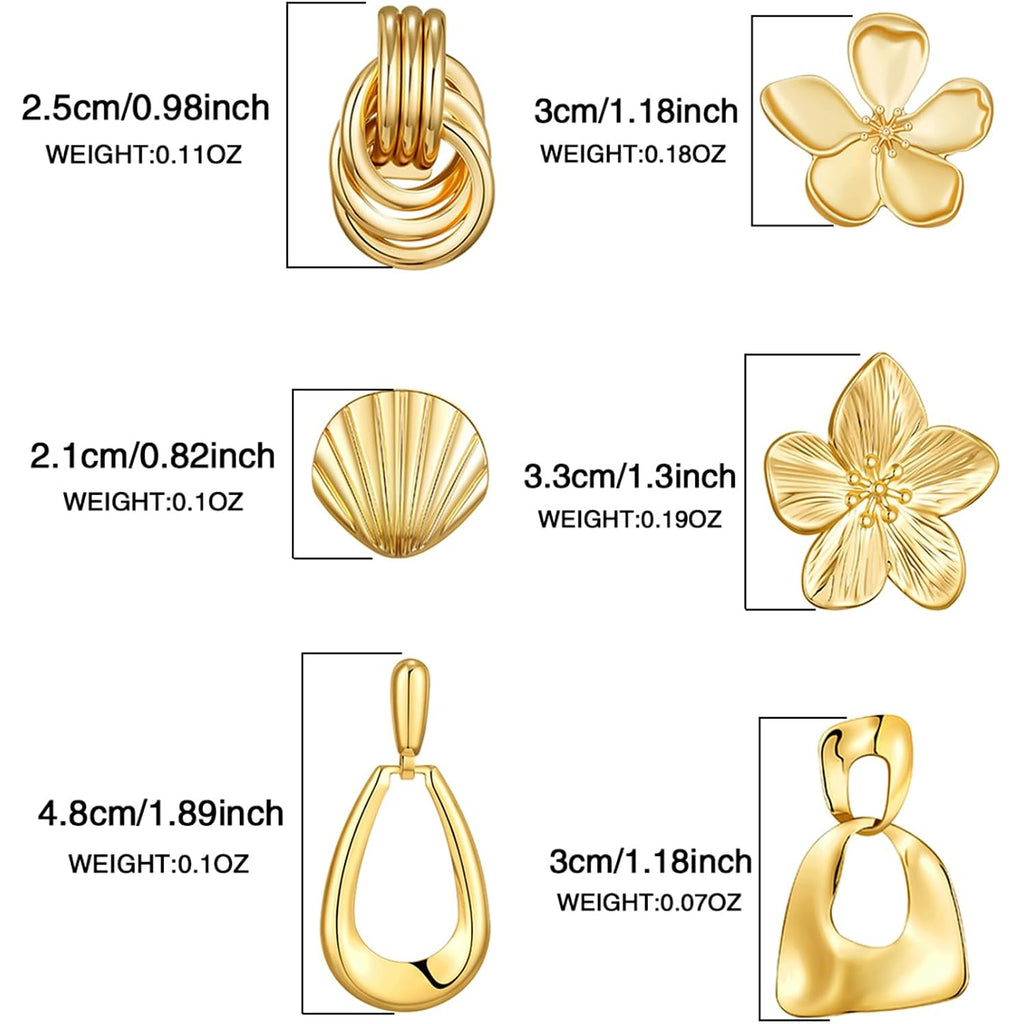6 Pairs Chunky Gold Earrings For Women Trendy Statement Gold Plated Flower Shell knot Dangle Earrings Lightweight Hypoallergenic Fashion Jewelry Set