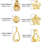 6 Pairs Chunky Gold Earrings For Women Trendy Statement Gold Plated Flower Shell knot Dangle Earrings Lightweight Hypoallergenic Fashion Jewelry Set