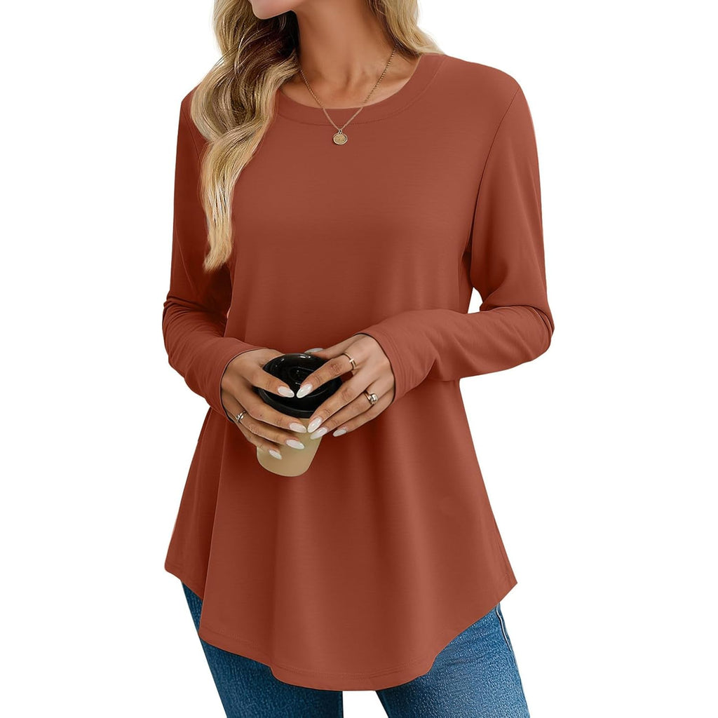 Womens Long Sleeve Tunic Tops Crew Neck Shirts for Leggings Fall Curved Hem Flowy Tops Casual 2026 Trendy