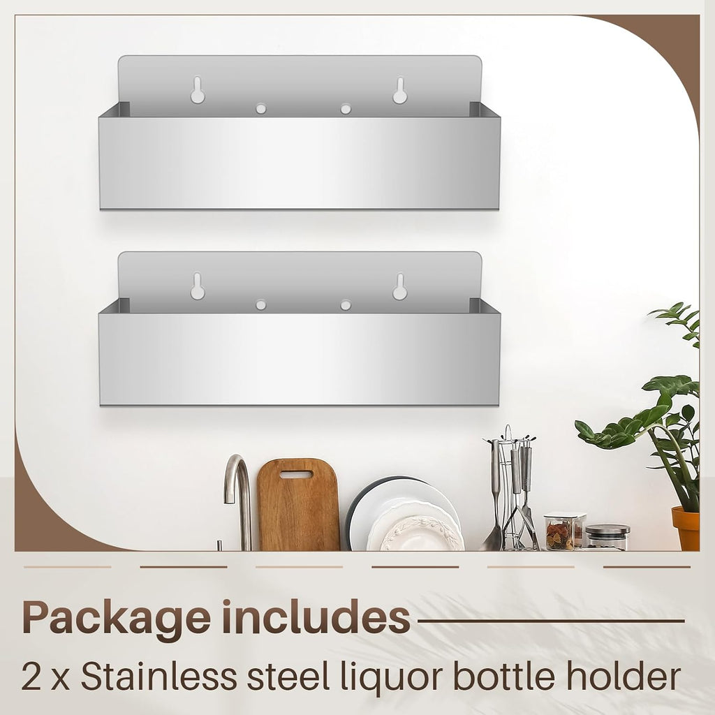 2 Pieces 15 Inch Single Speed Rail Stainless Steel Liquor Bottle Holder Wall Mounted Spray Bottle Rack Drink Rail Shelf For Bars, Silver