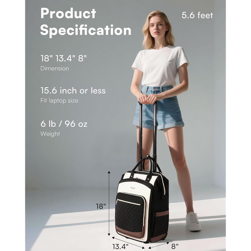 Rolling Backpack For Women, Travel Backpack With Wheels, Dual-Opening Wheeled Laptop Backpack, Stylish Rolling Laptop Bag, Overnight Underseat Carry On Luggage For College Business Work, Beige Brown