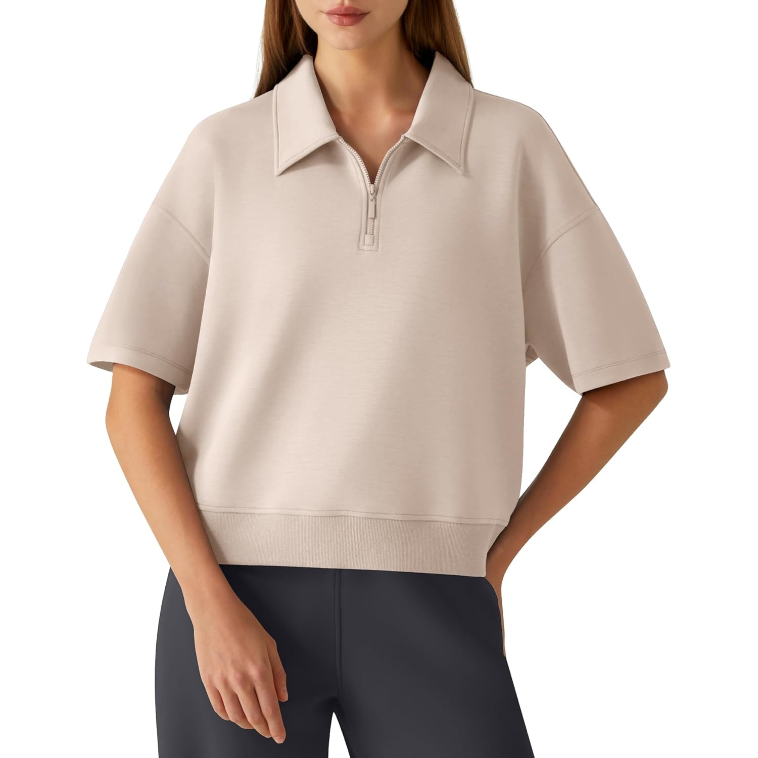 Smoofit Modal Soft Polo Shirts for Women Zip Up Short Sleeve Tops Loose Fit for Casual Business Work
