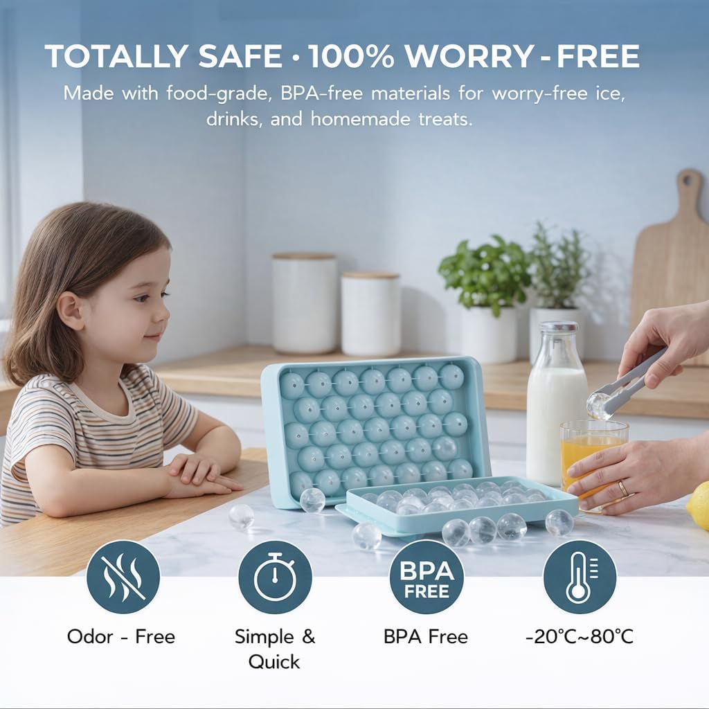 Ice Cube Tray With Lid And Bin - Round Ice Trays For Freezer With Lid - Ice Cube Trays For Freezer With Ice Container (1"-2Pack Blue)