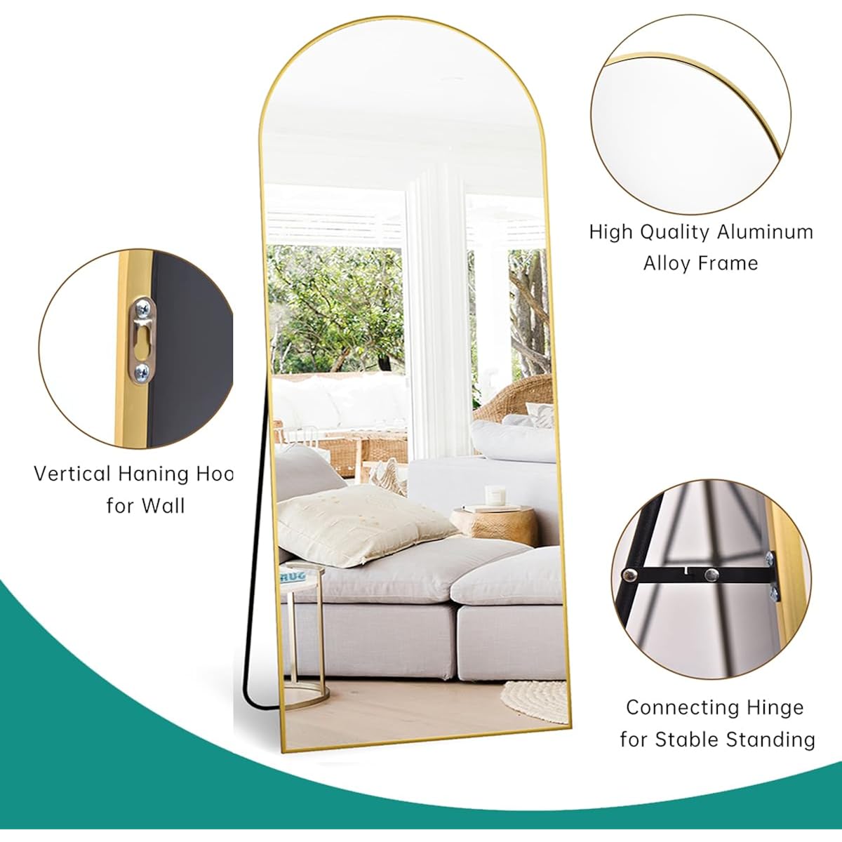 Full Length Mirror, 71''X30'' Floor Mirror With Stand, Arched Wall Mounted Mirror, Large Full Body Mirror With Aluminum Frame Hanging Or Leaning For Bedroom, Living Room, Cloakroom (Gold)